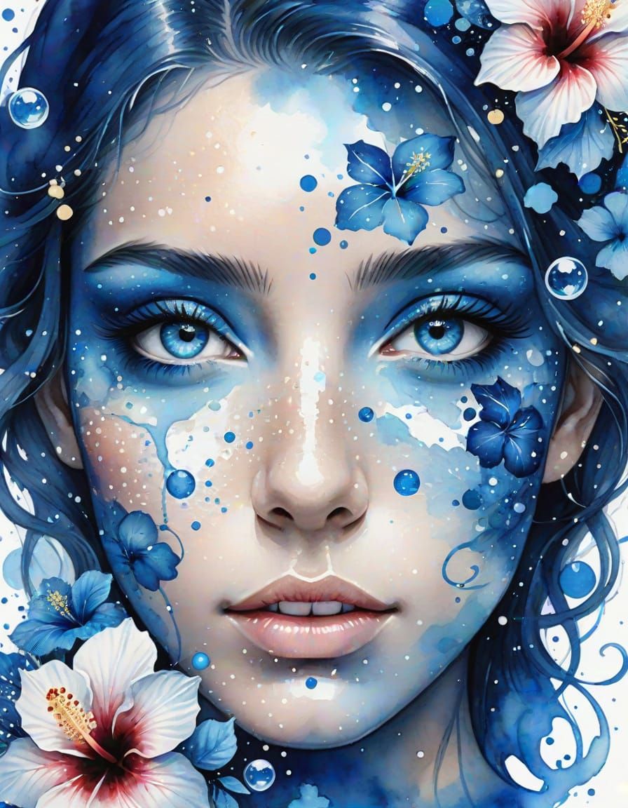 Sapphire Eyes with Hibiscus in Watercolor Splash Art