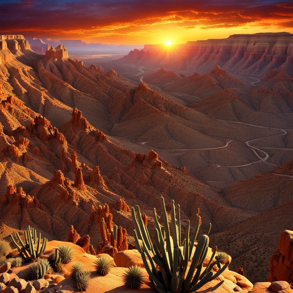 Desert Canyon Sunset: Golden Light on Rugged Terrain