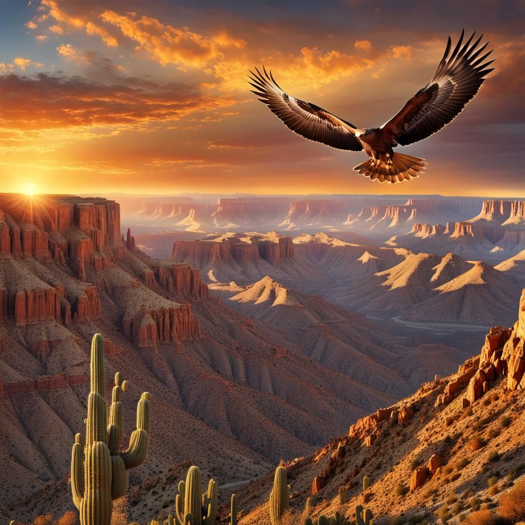 Desert Canyon Sunset: Golden Light on Rugged Terrain