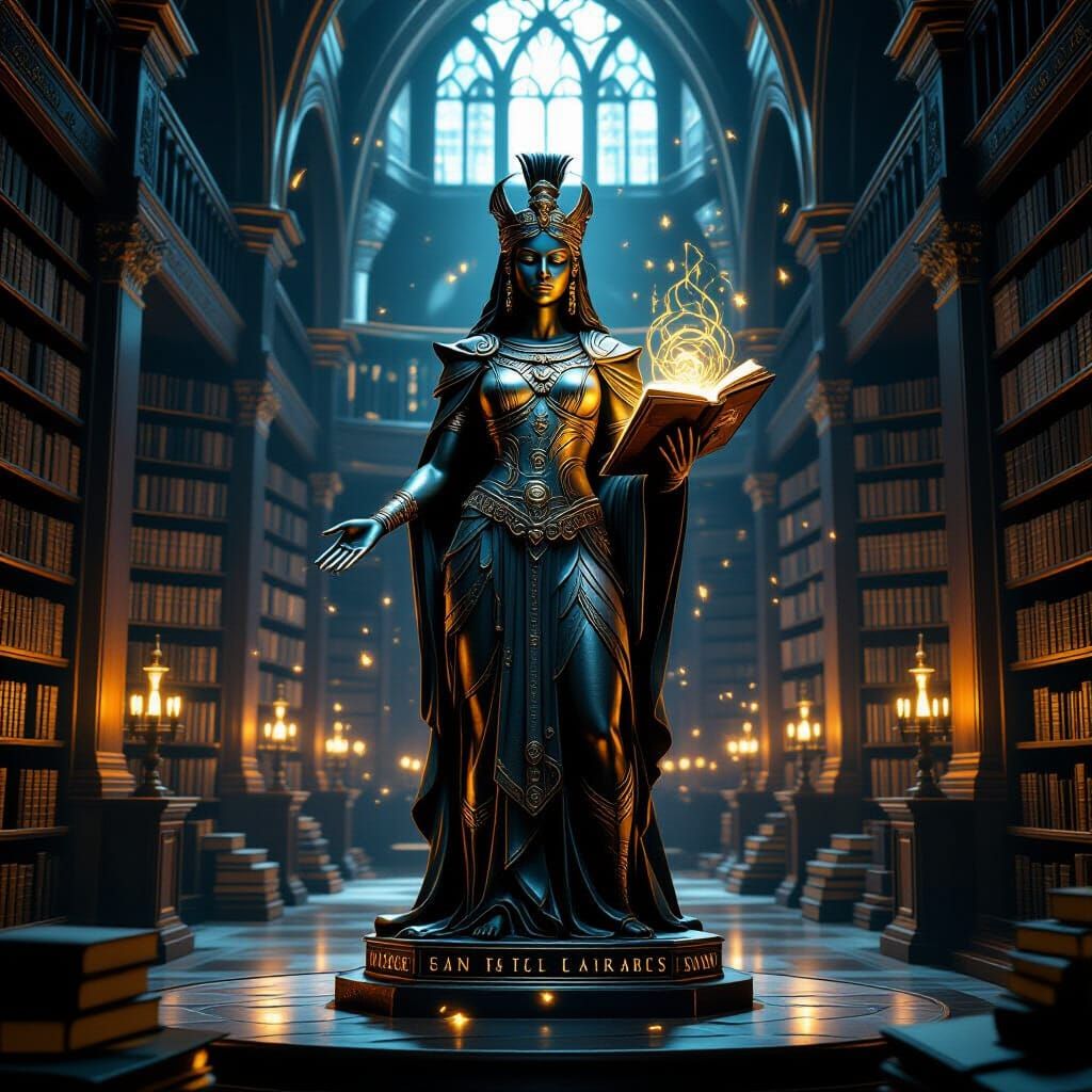 Ancient Guardian Statue in Library with Glowing Runes