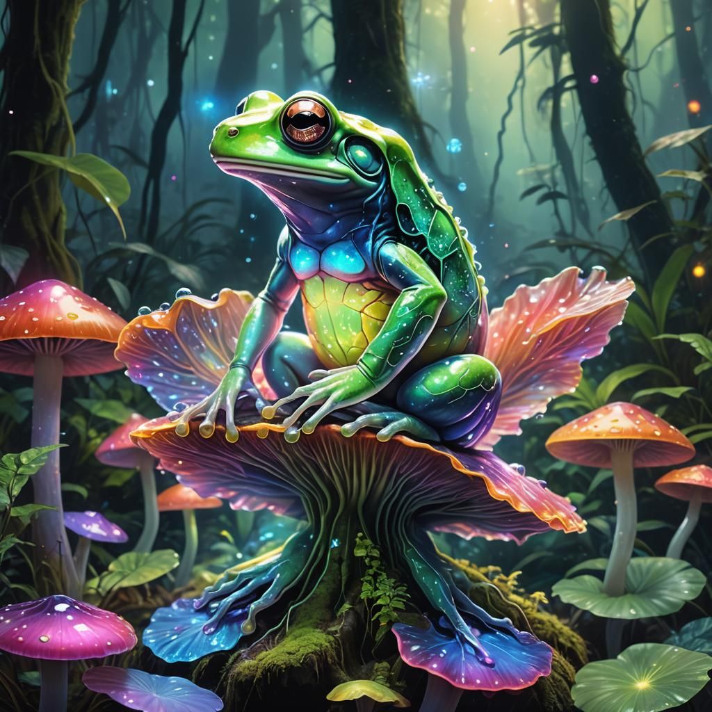 Glass Frog on Glowing Mushroom, Astral Illustration
