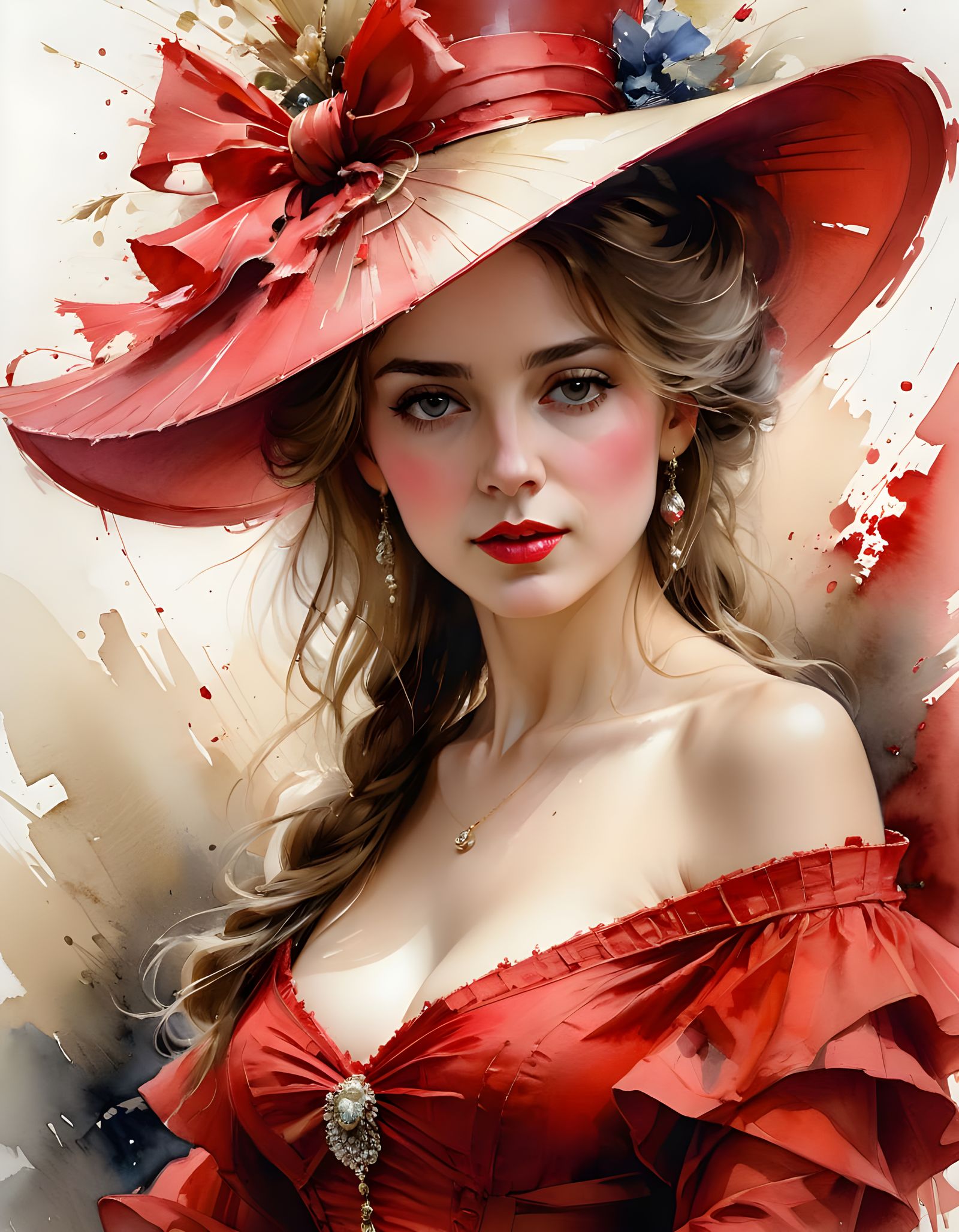 Victorian Woman in Red: Detailed Watercolor Portrait