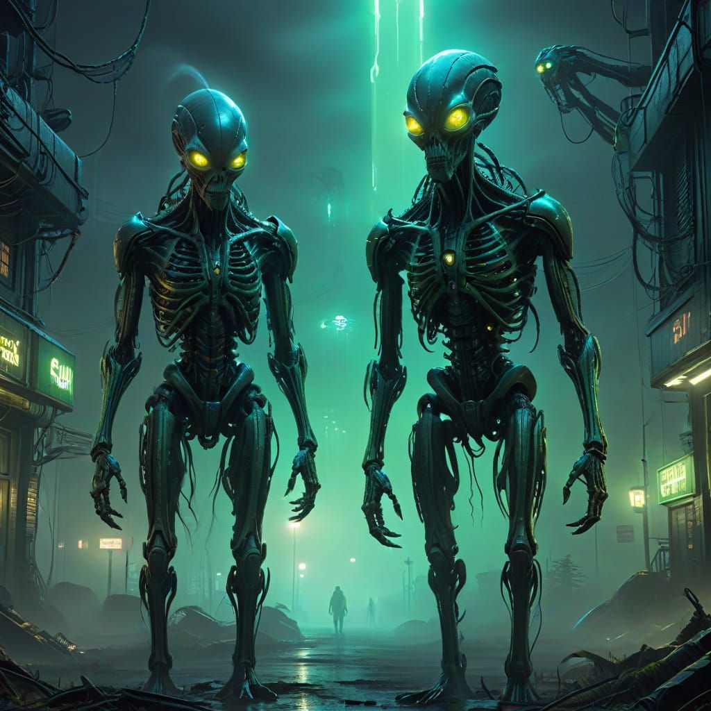 Cyberpunk Alien Beings in a Futuristic Night Scene