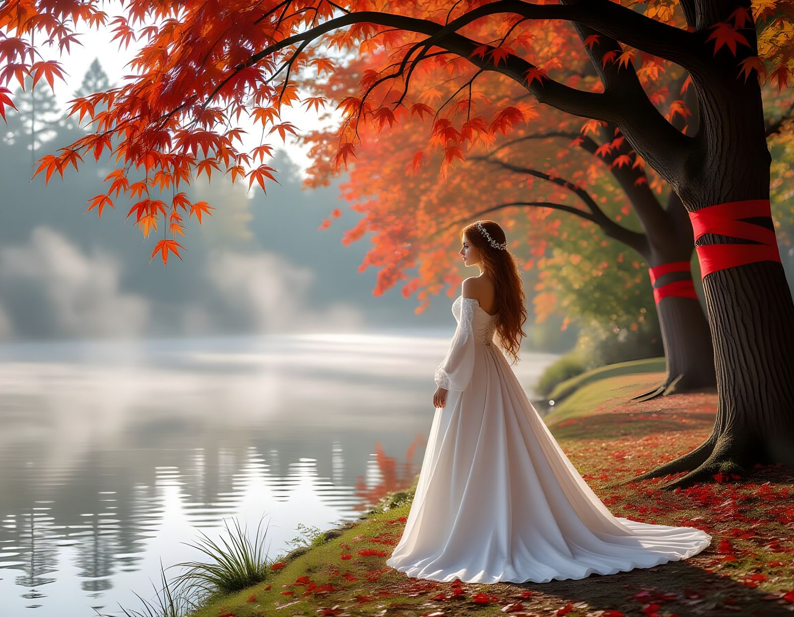 Woman with Red Hair Under Maple Trees