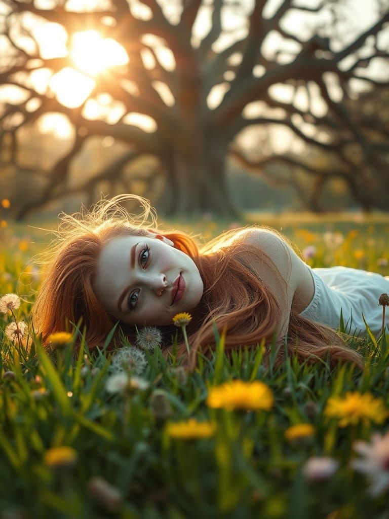 Ethereal Woman in Sun-Drenched Meadow