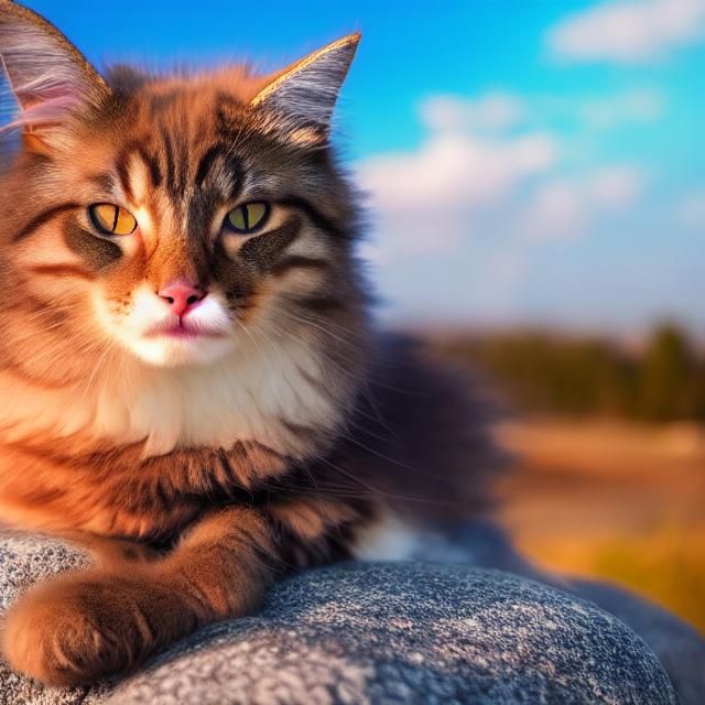 Fluffy Cat on Snowy Rock Under Colorful Sky