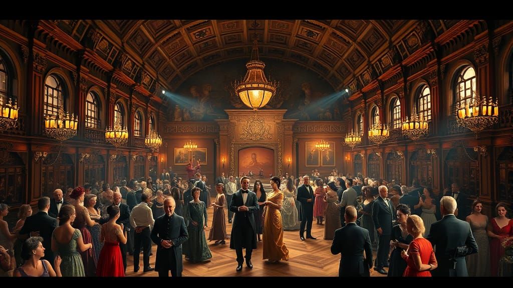 Elegant Victorian Era Ballroom Scene in Detailed Fantasy Art