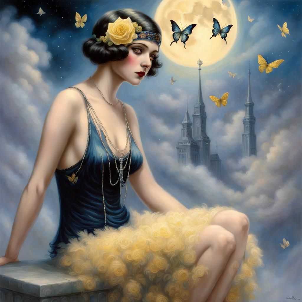 Eerie Gothic Flapper with Roses and Celestial Sky