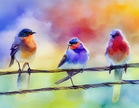 Birds on Wire in Rainbow Art Nouveau Style