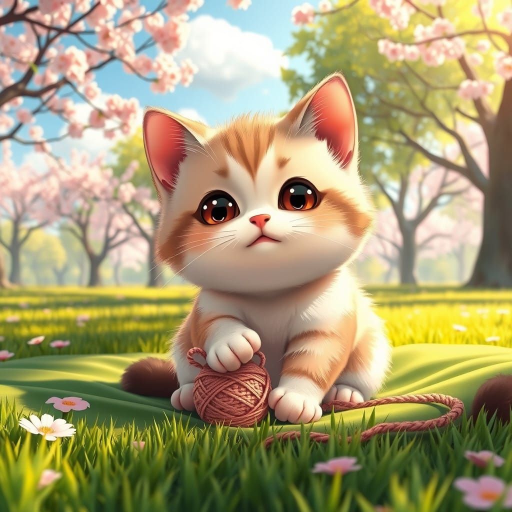 Cute Anime Baby Cat in Vibrant Cherry Blossom Park