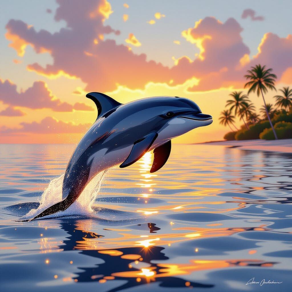 Joyful Dolphin Leaping at Sunset in Luminous Painterly Style