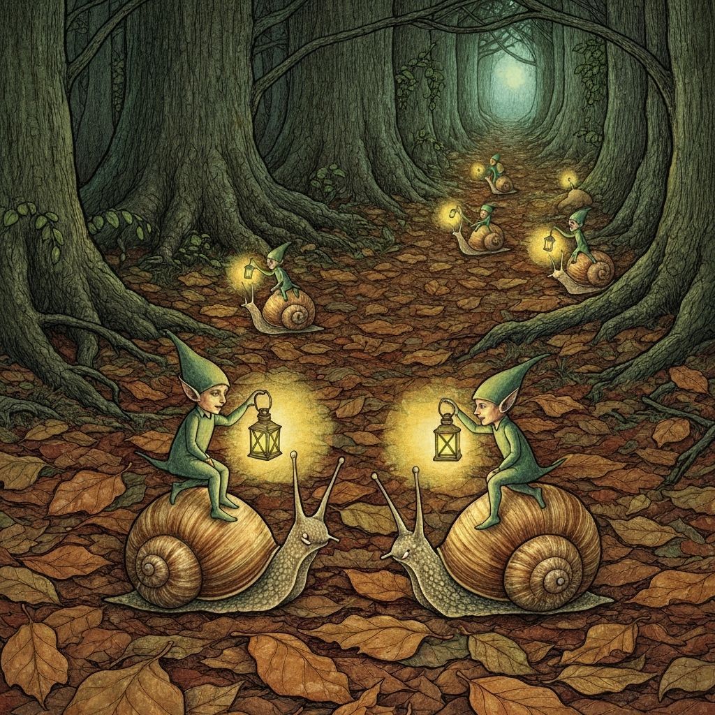 Magical Sprites Riding Snails Through Enchanted Forest