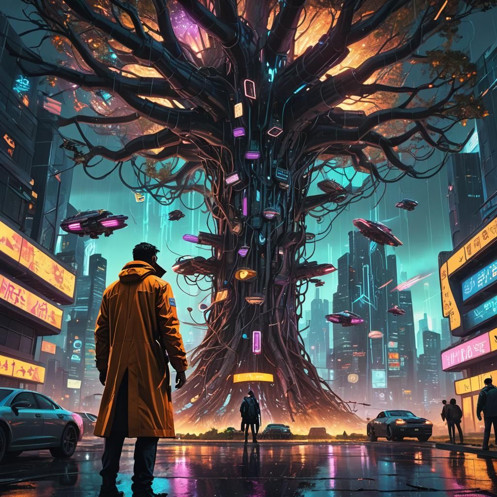 Cyber-Detective in Neon Cityscape Concept Art