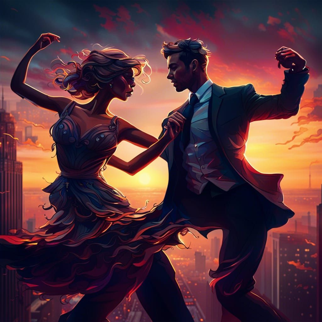 Couple Dancing on Skyscraper Rooftop at Sunset