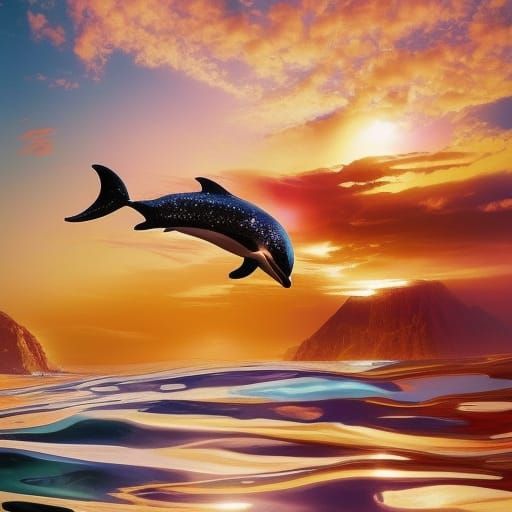 Dolphins Ascend in Tropical Sunset, by Artgerm