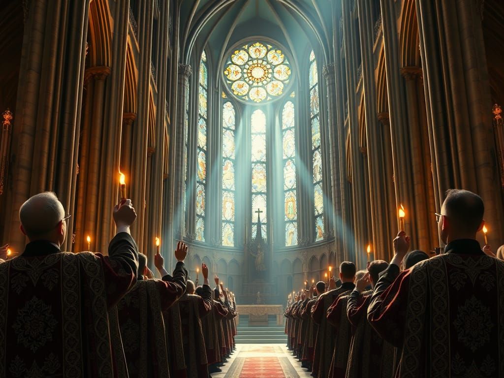 Gothic Cathedral Congregation in Ethereal Light
