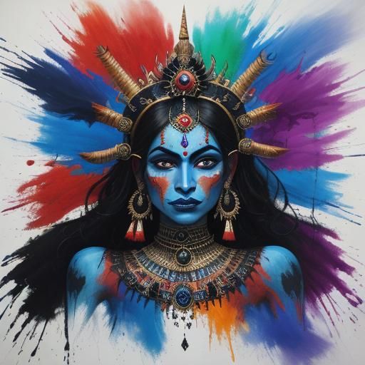 Goddess Kali: Abstract Expressionist Close-Up in Vibrant Hue...