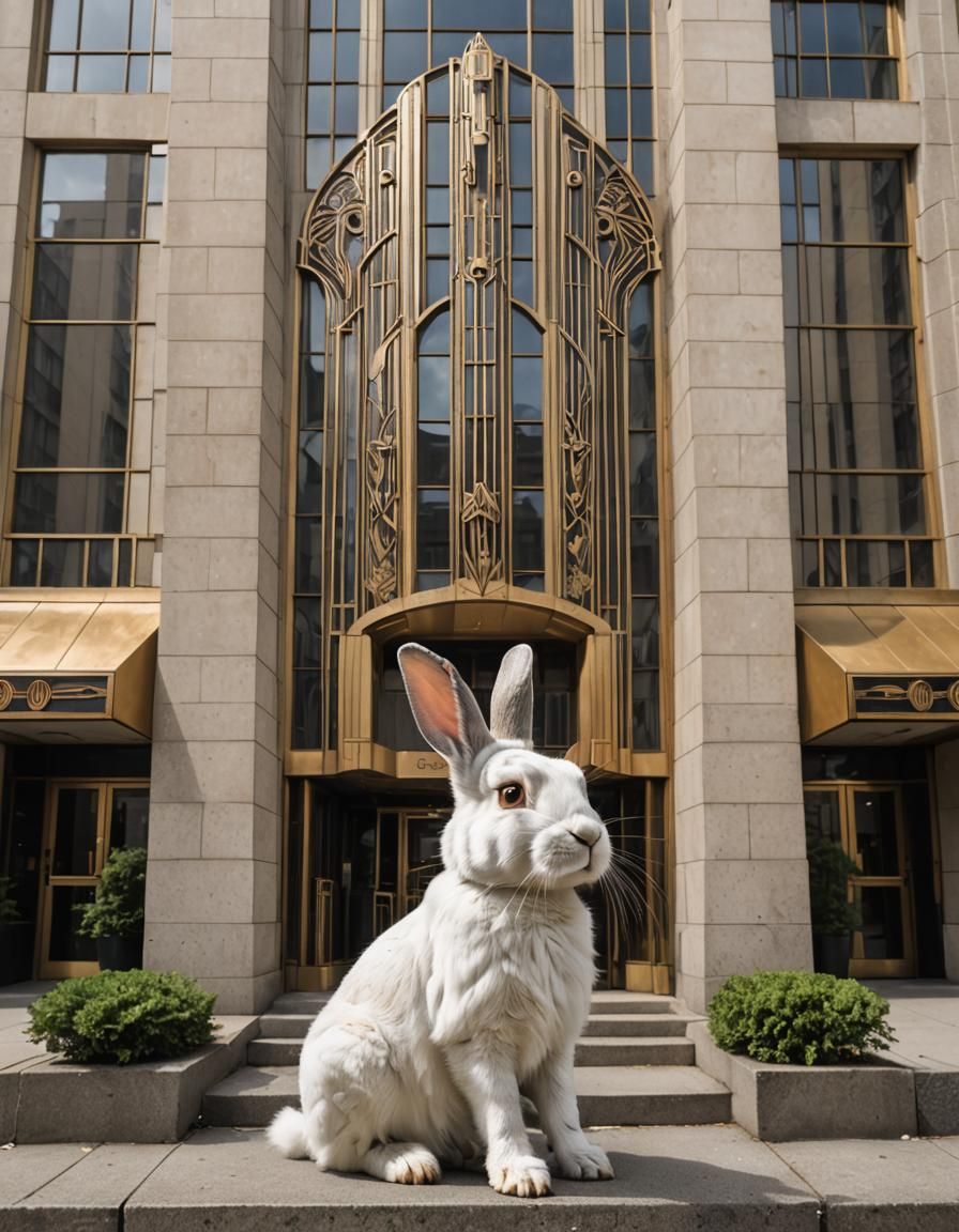 Rabbit Sits Outside Art Deco Skyscraper