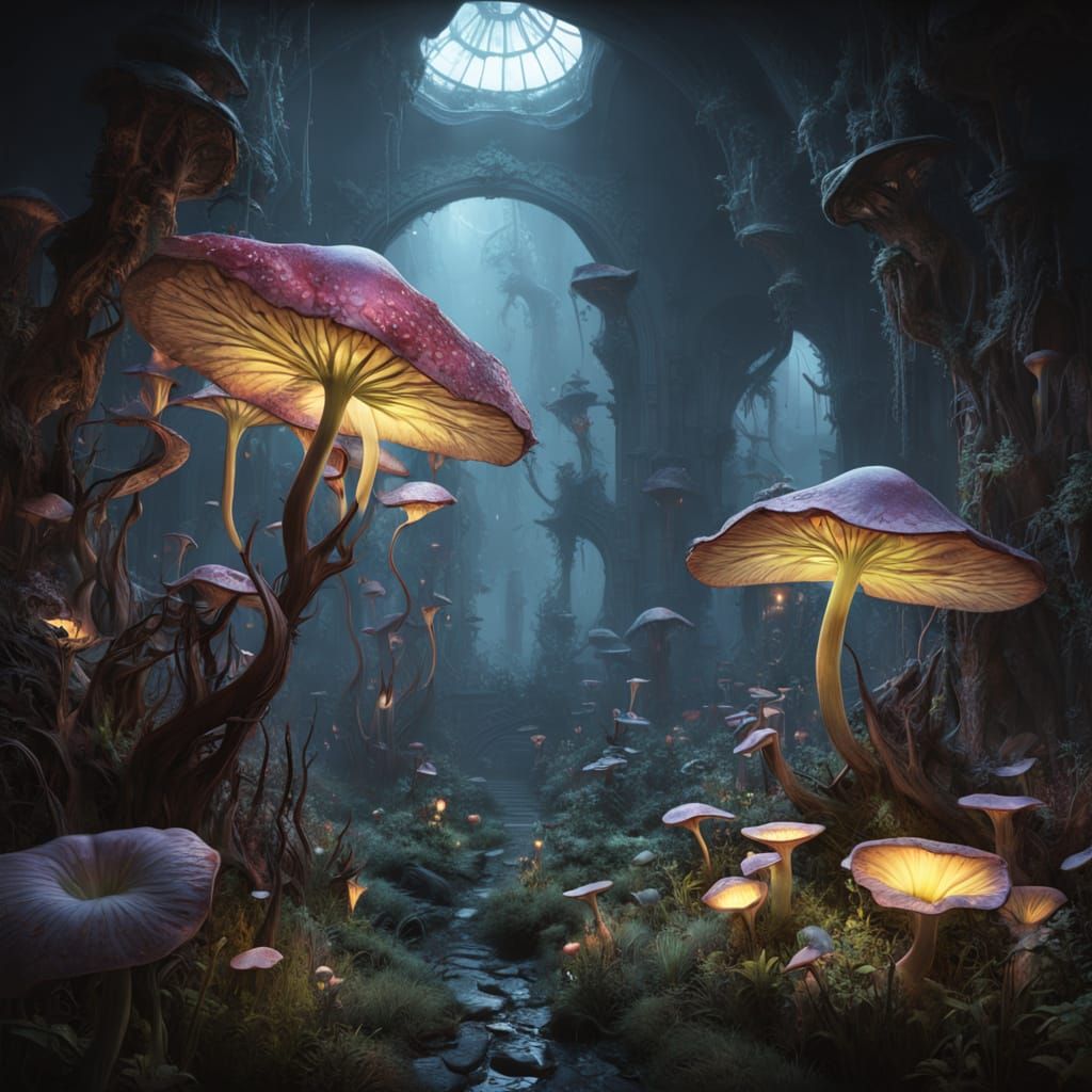 Glowing Tea Set in a Fungi Cavern