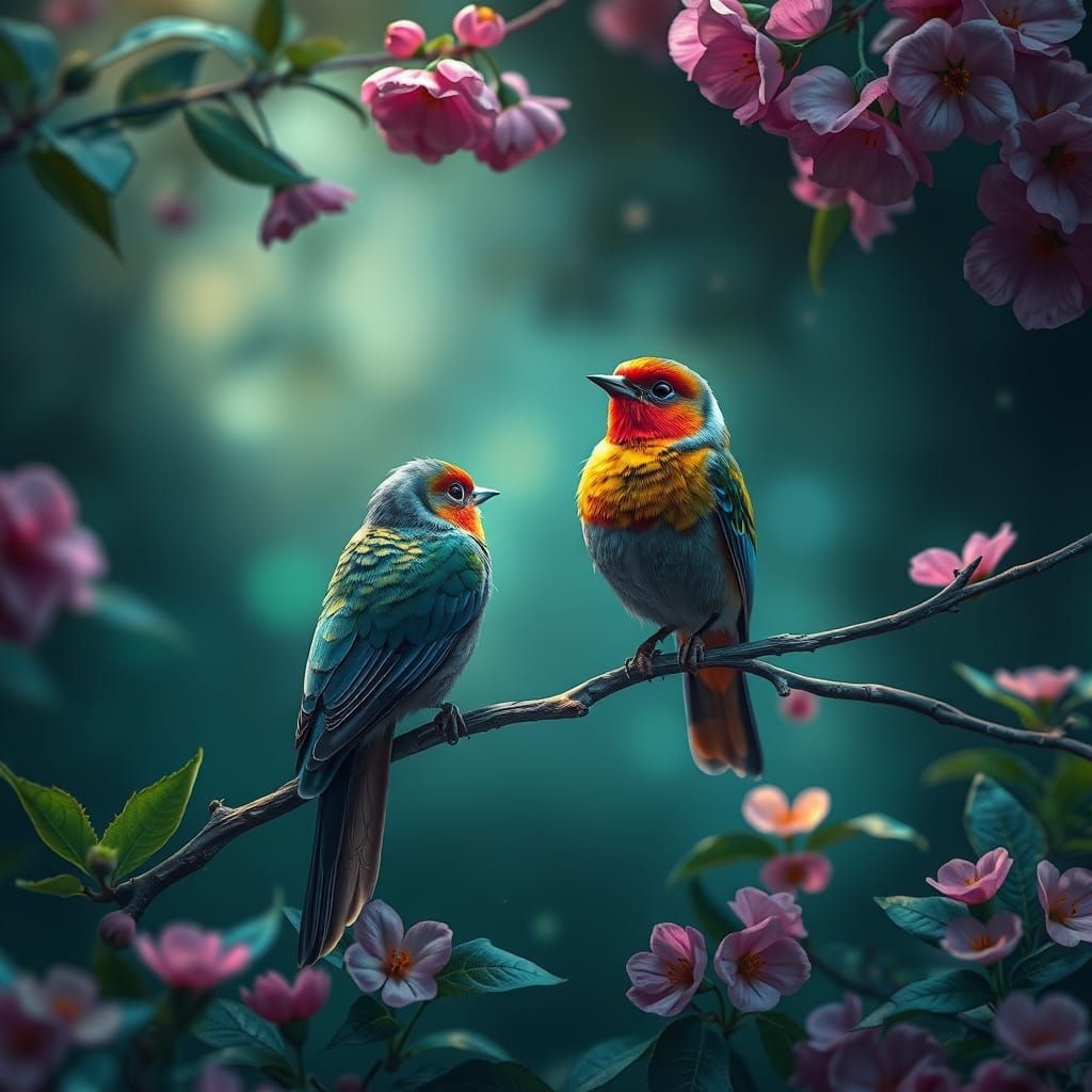 Whimsical Birds in a Fantastical Garden Scene