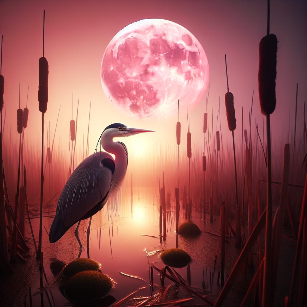Serenity at Night: Heron Under Pink Moonlight