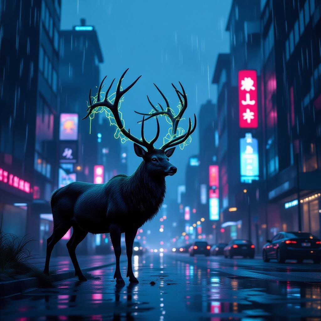 Cybernetic Stag at Neon Metropolis Edge in Twilight