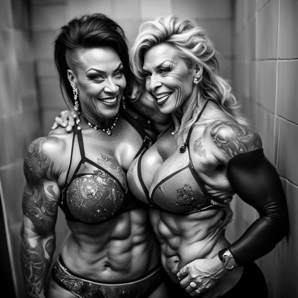Female Bodybuilders Embrace in Shower: Professional Photogra...