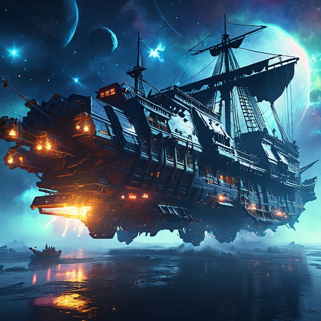 Pirate Ship Navigating a Nebula in Sci-Fi Art