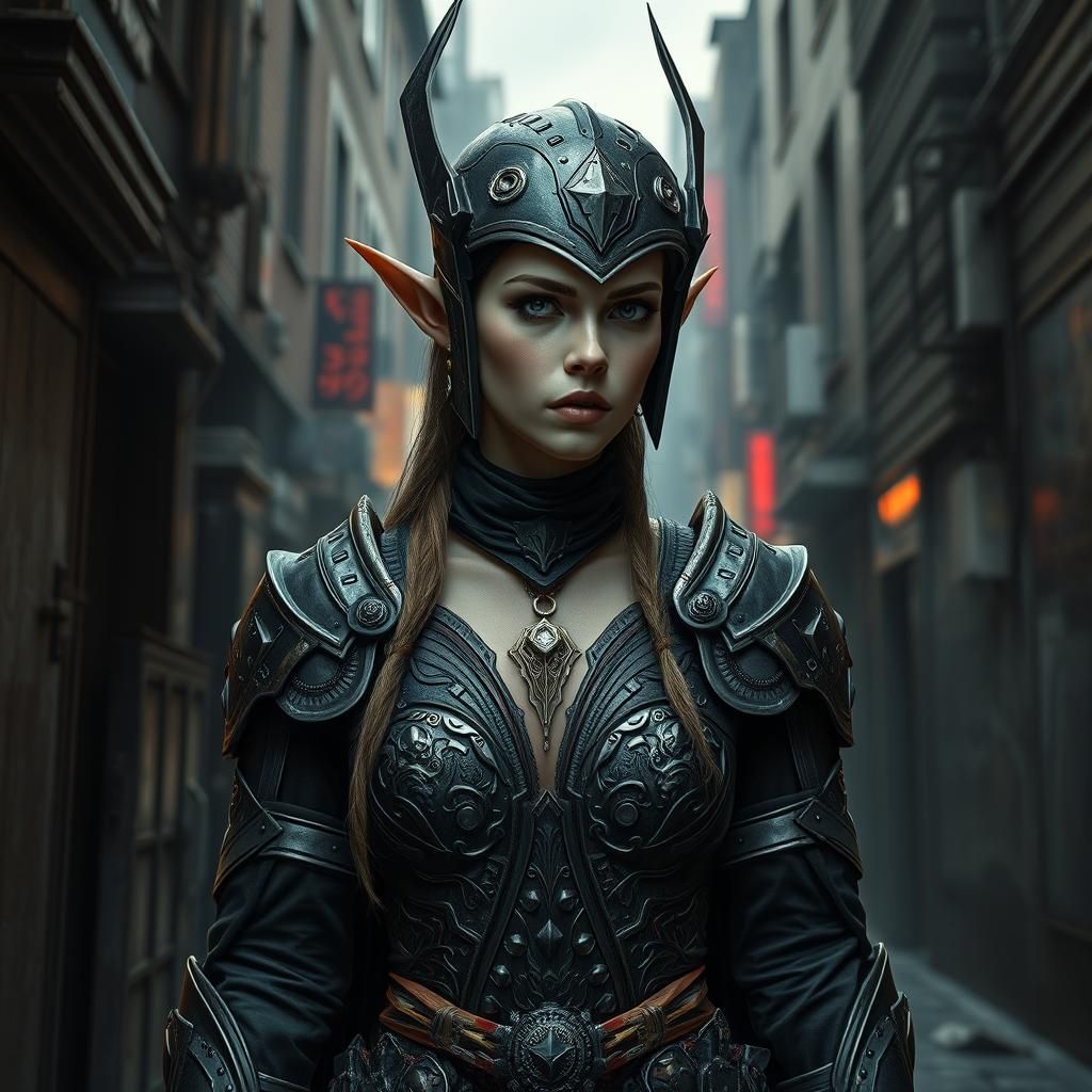 Cyberpunk Elf in Shadowrun Alley: Digital Art