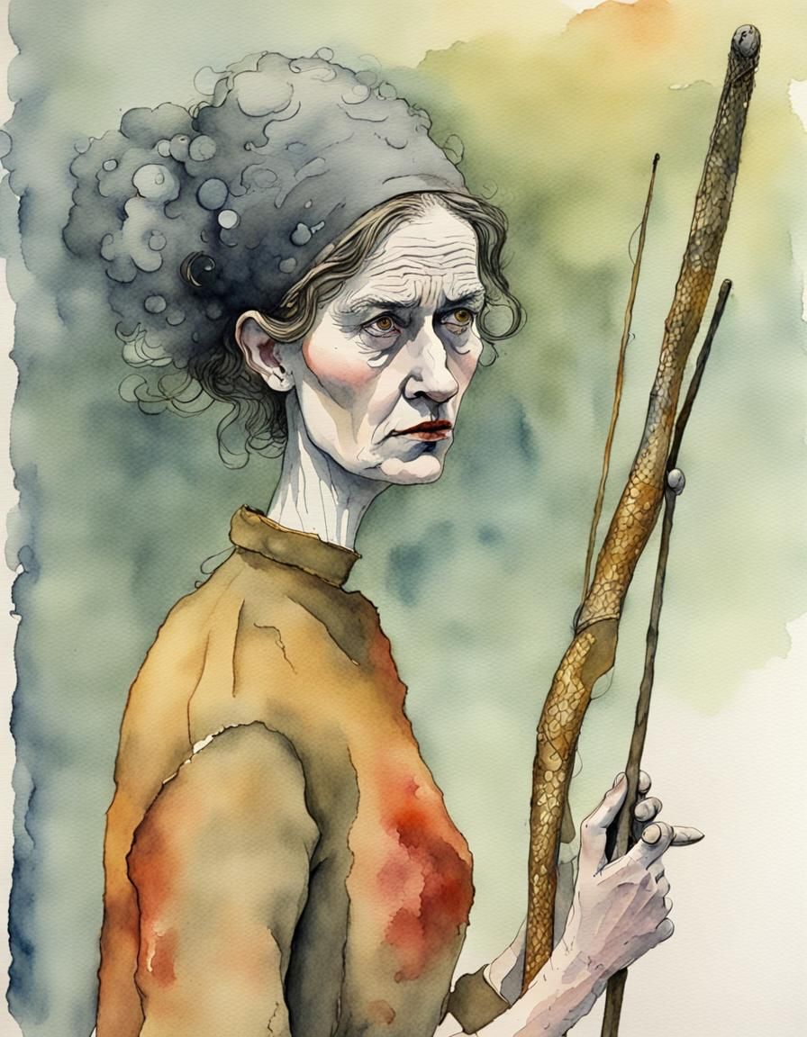 Furious Woman with Pike in Watercolor and Ink