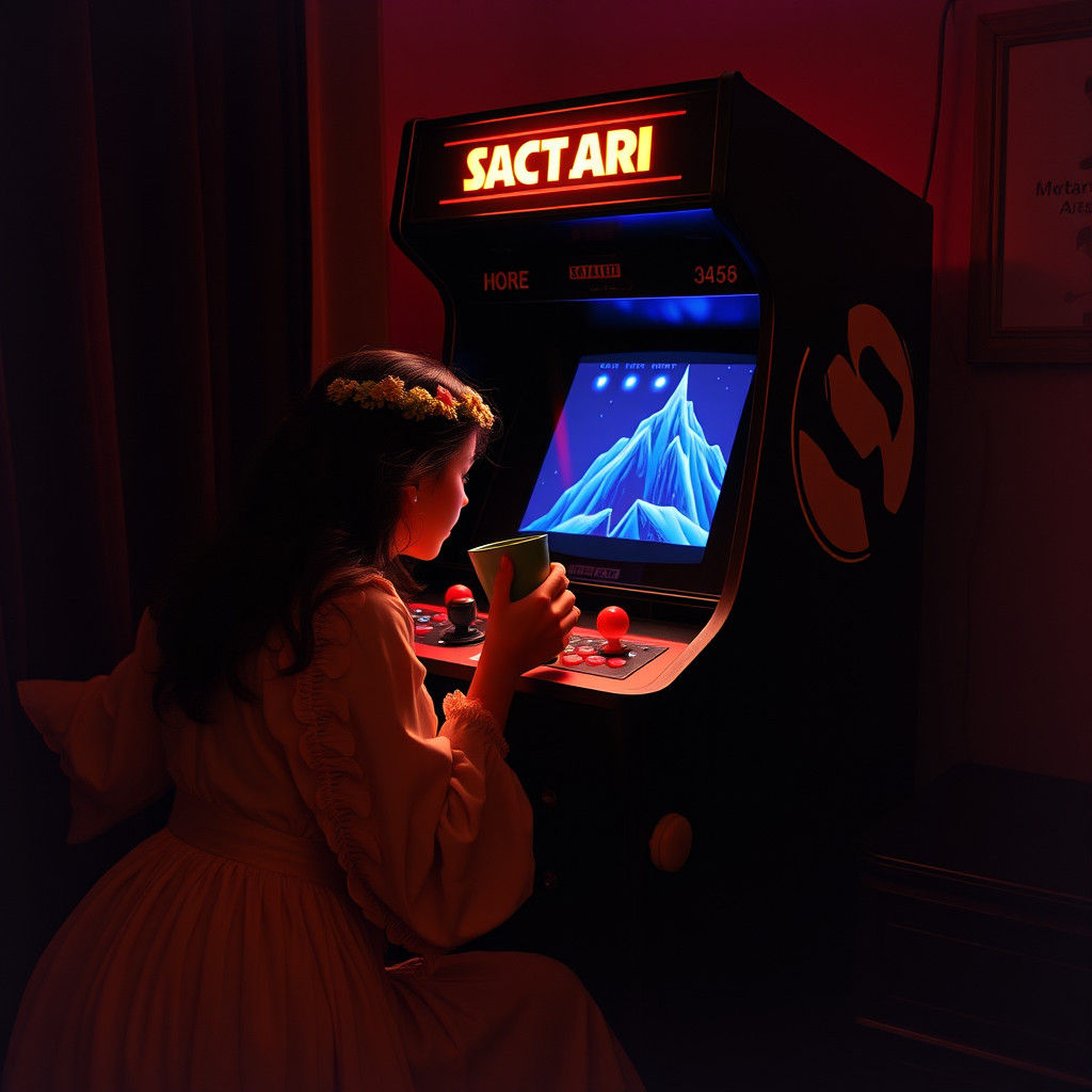 Retro Sci-Fi: Woman and Atari Console at Night