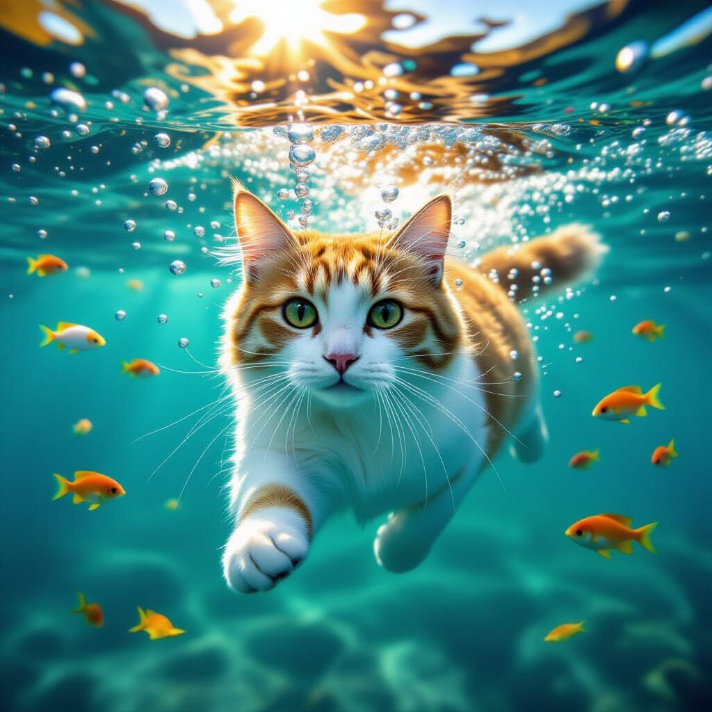 Cat Swimming Underwater with Sunlight and Fish