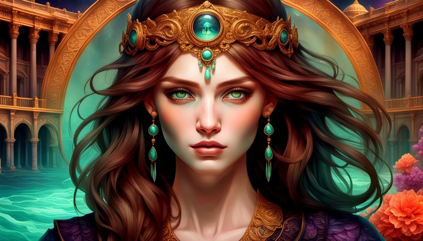 Concept art portrait, stunningly beautiful woman 3/4 face, g...