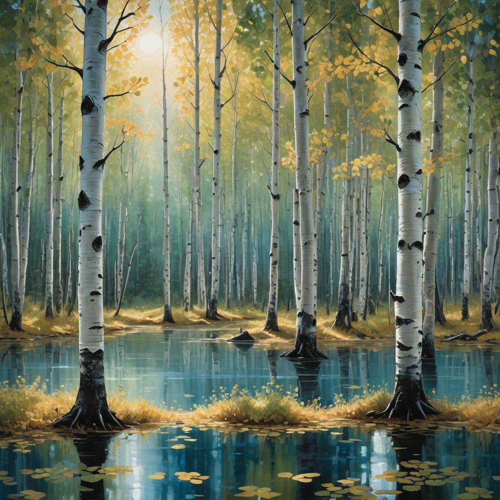 Lake Surrounded by Aspens in Abstract Expressionism