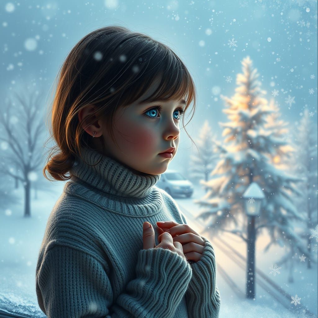 Young girl in cream sweater gazes out at blizzard in wistful...