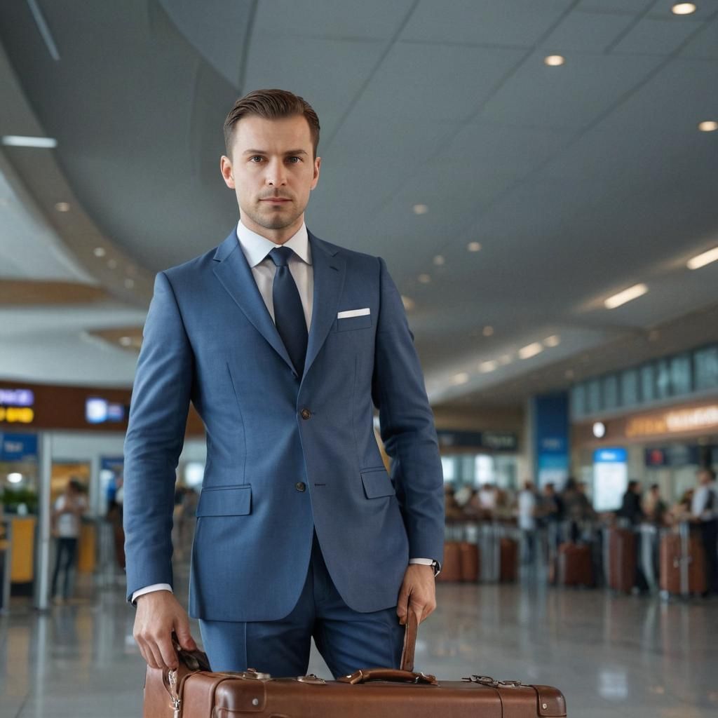 Slavic Man with Leather Suitcase in Airport