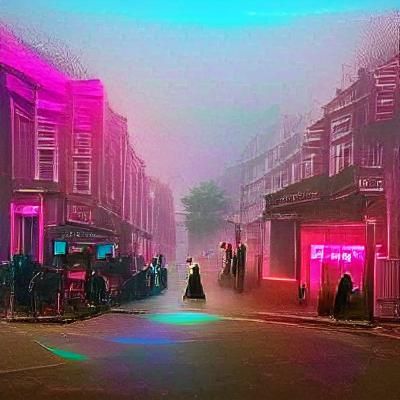 Misty London Street in Synthwave Neon Style