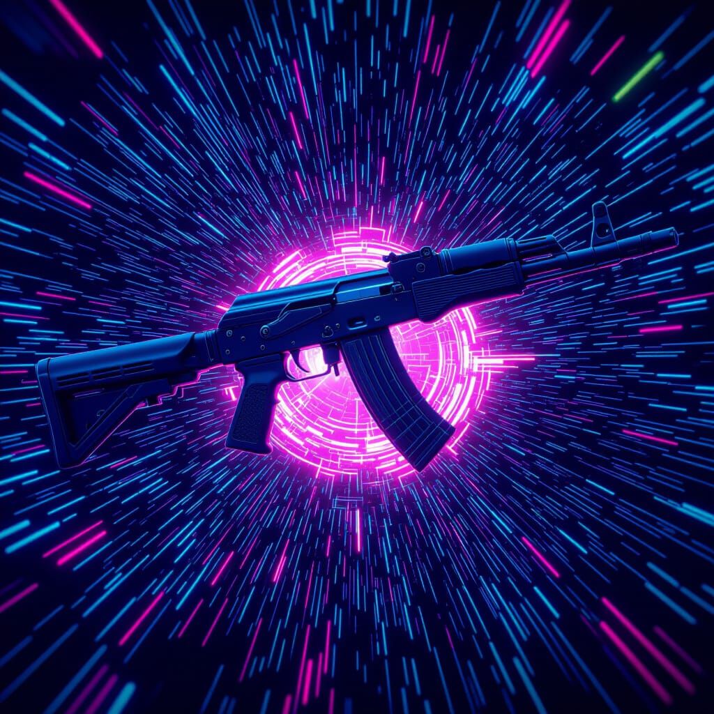 Futuristic AK-47 in Digital Vortex: Cyberpunk Style