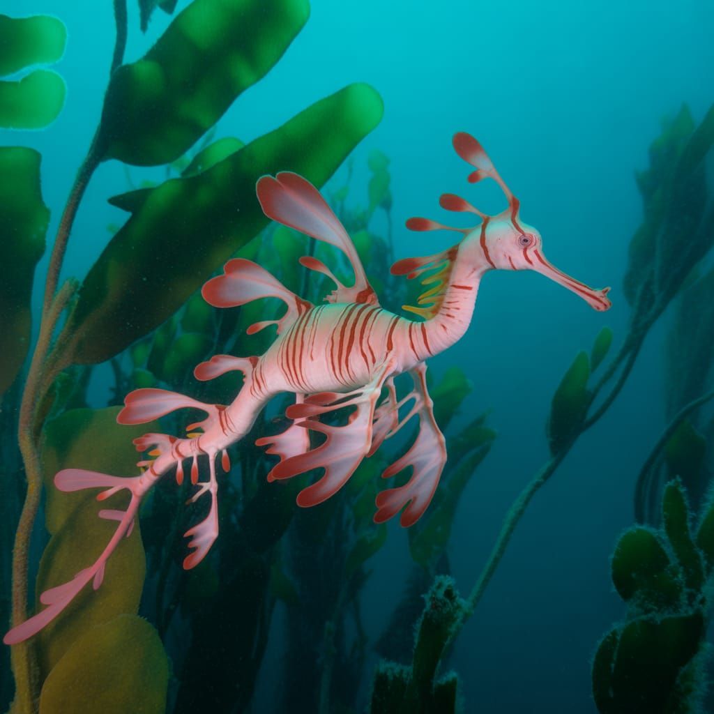Pink Leafy Seadragon in Kelp Forest