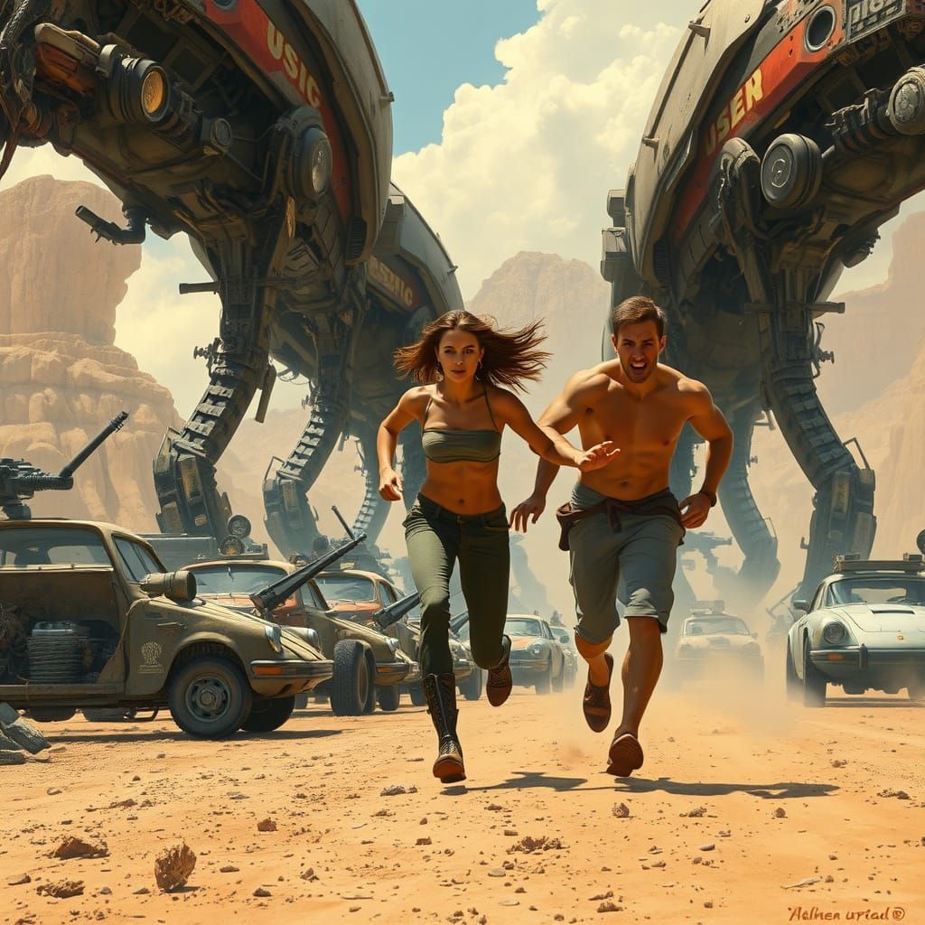 Futuristic Barricade: Woman and Sprinter in Cyberpunk Style