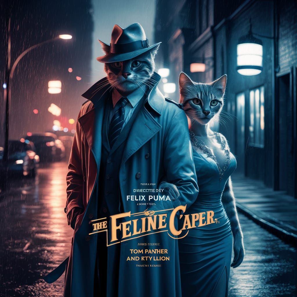 Vintage Movie Poster of Cat Detectives in Noir Setting