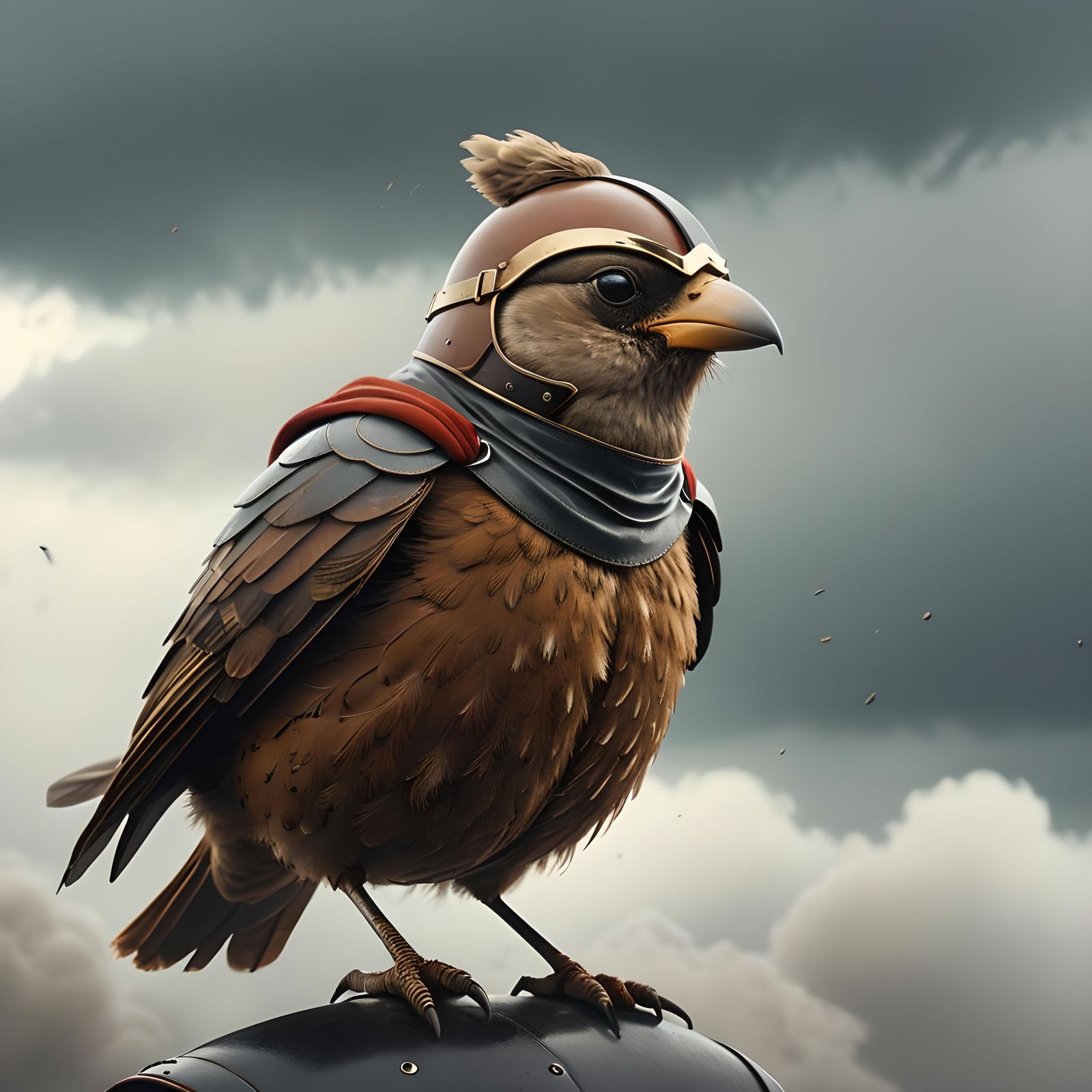 Fluffy Bird Superhero Flies in Foggy Sky