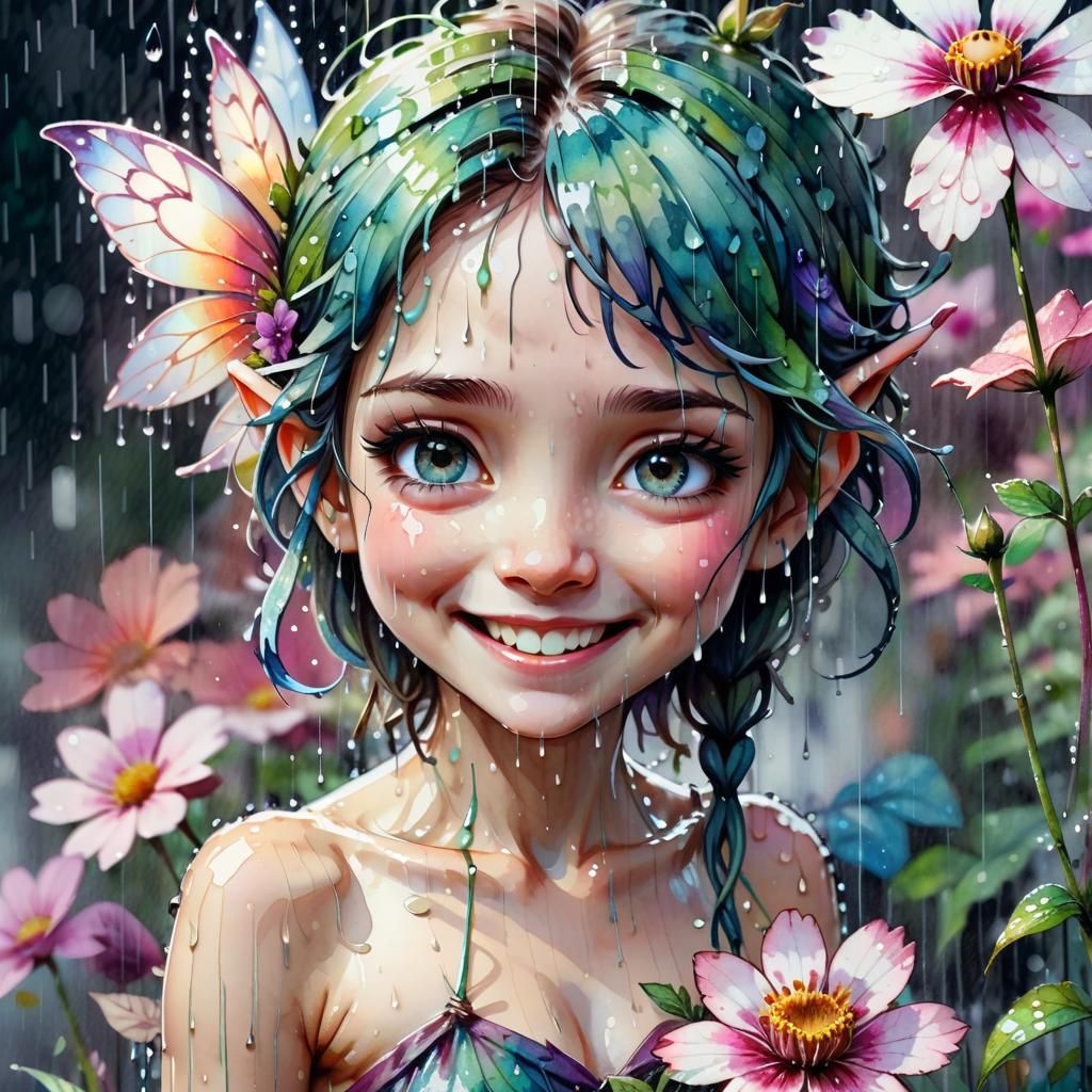 Chibi Fairy Hiding Under Flower: Watercolour Art