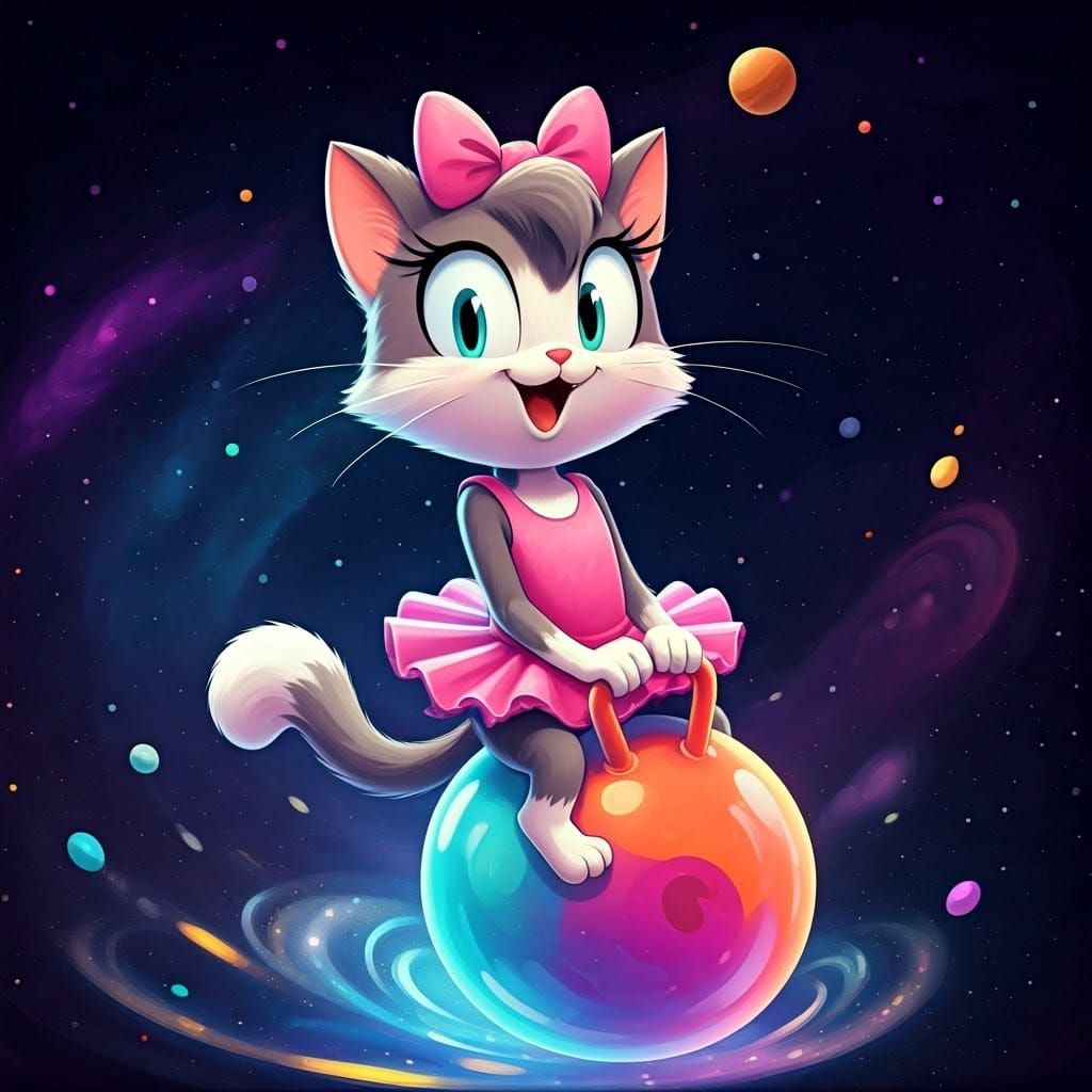 Vibrant Cartoon Cat Bounces in Galaxy Wonderland