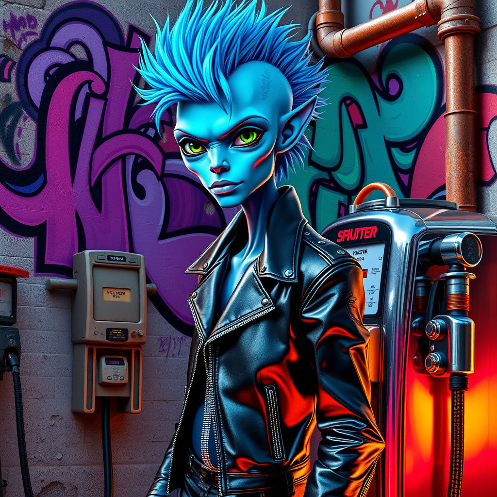 Alien Filling Spaceship at Gas Pump in Street Art Style