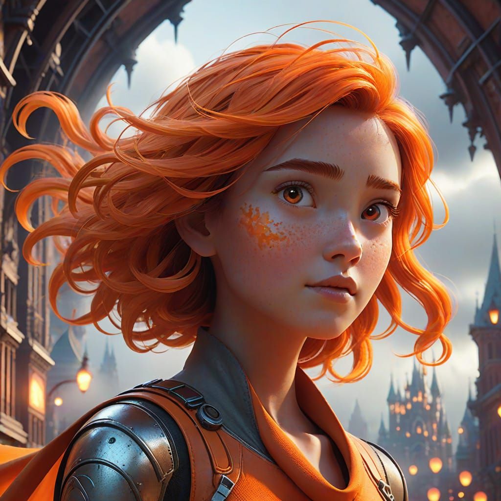 Whimsical Orange Air Elemental Cityscape in a Fantastical Cl...