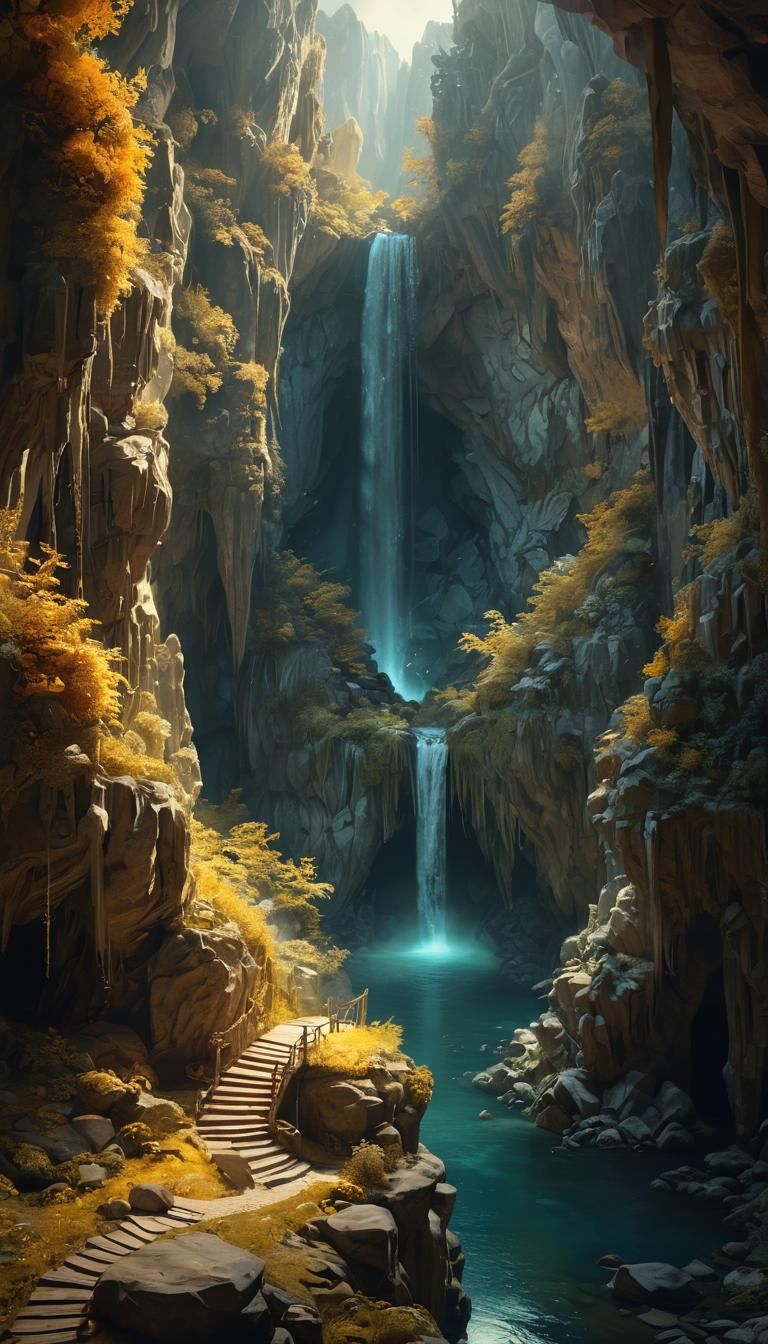 Dreamlike Cave Landscape in a Moody, Cinematic Style