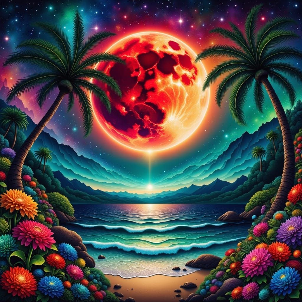 Blood Moon Over Teal Ocean: Paper Art and Oil Paint