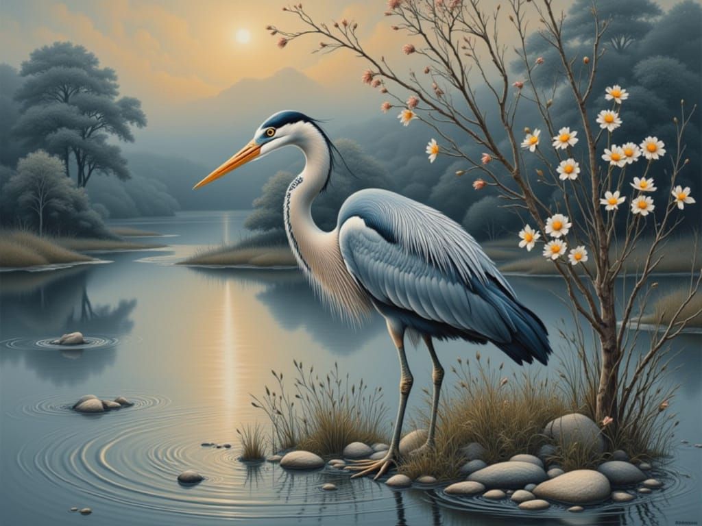 Mystical Heron in Ethereal Blue