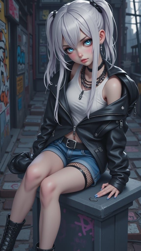 Ethereal Anime Girl Embracing Despair in a Grungy Alleyway